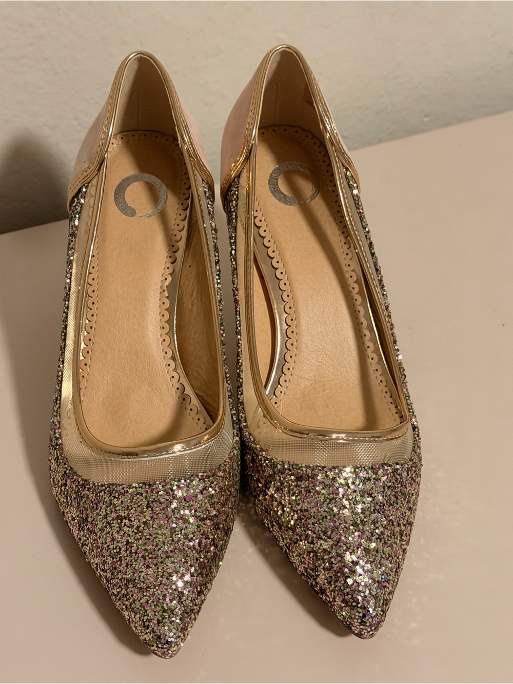 Glitter Pointed-Toe Pumps in Multi-Glitter with Gold Trim
